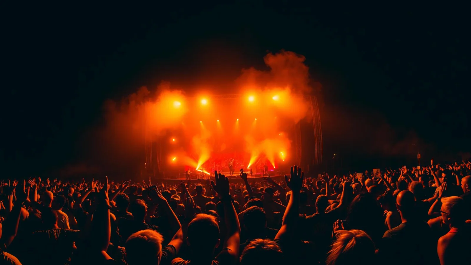 Público num festival, diante de um palco iluminado em tons quentes